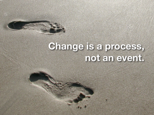 Picture of footprints with a quote that says "change is a process not an event"