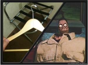 Picture of a hotel hanger and the shrunken head beetlejuice dude