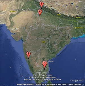 A map of India with pins showing the clinic locations we visited
