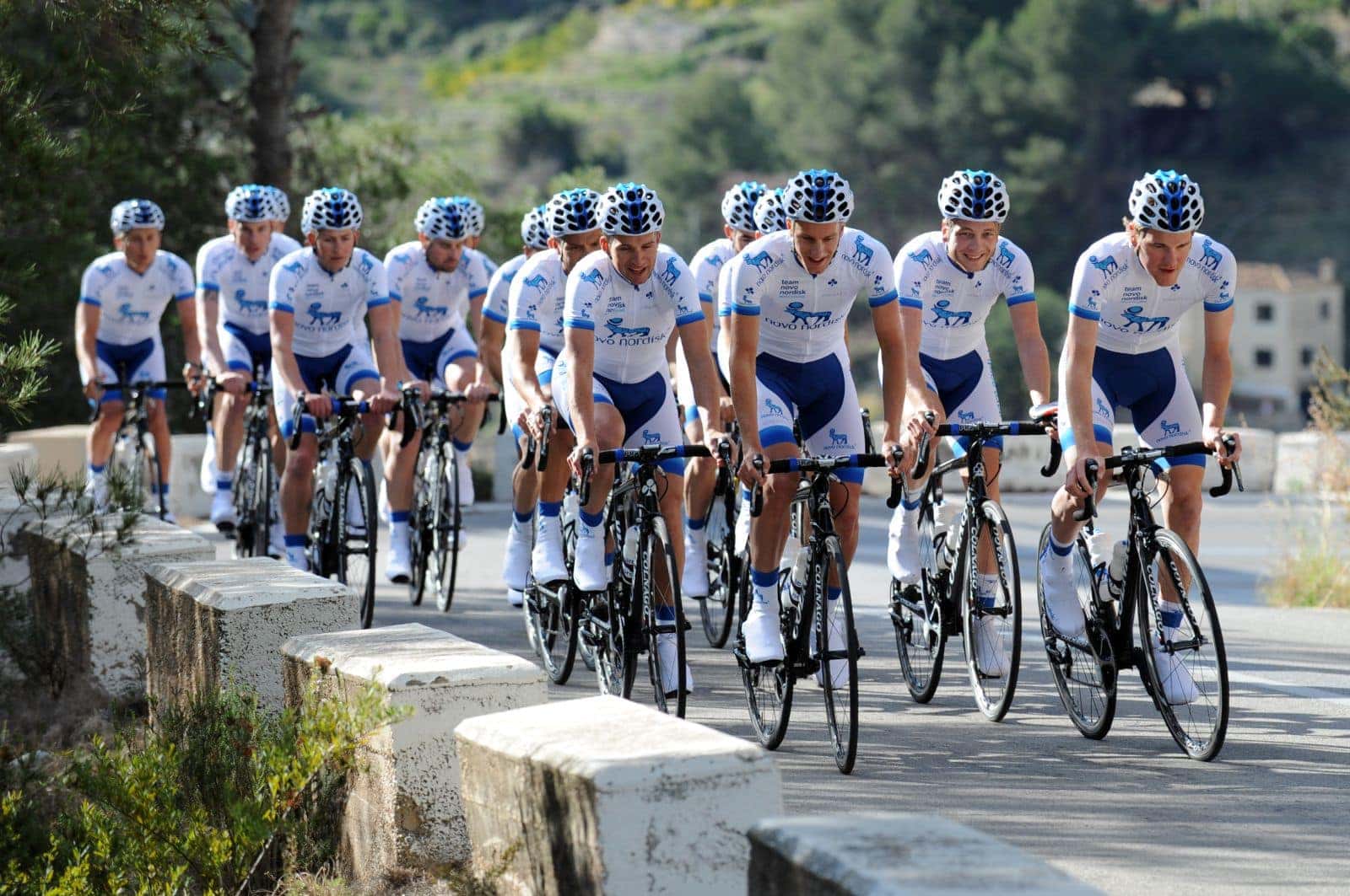 Large group of Team Novo Nordisk pro cyclists