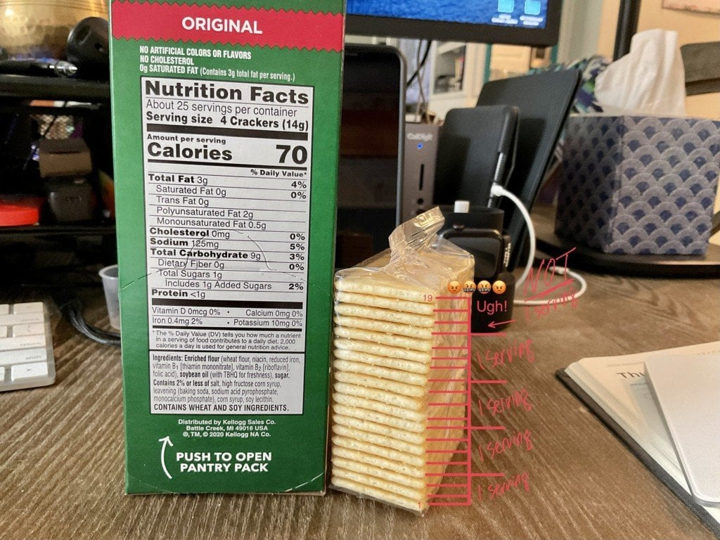 The Nutrition Facts label (1 serving = 4 crackers) next to a Snack Stack which contains 19 crackers (not evenly divisible by 4). 