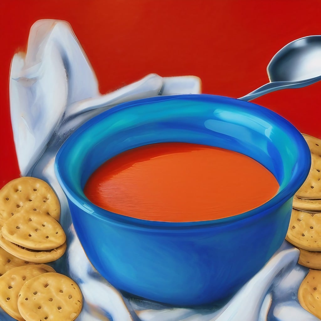 Painting of a bowl of soup with crackers