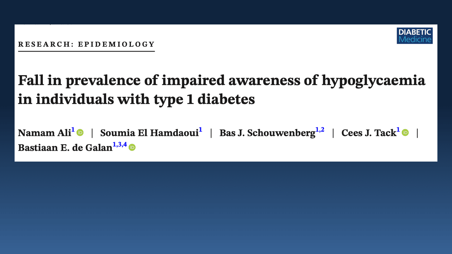Ali, N, El Hamdaoui, S, Schouwenberg, BJ, Tack, CJ, de Galan, BE. Fall in prevalence of impaired awareness of hypoglycaemia in individuals with type 1 diabetes. Diabet Med. 2023; 40:e15042. doi:10.1111/dme.15042