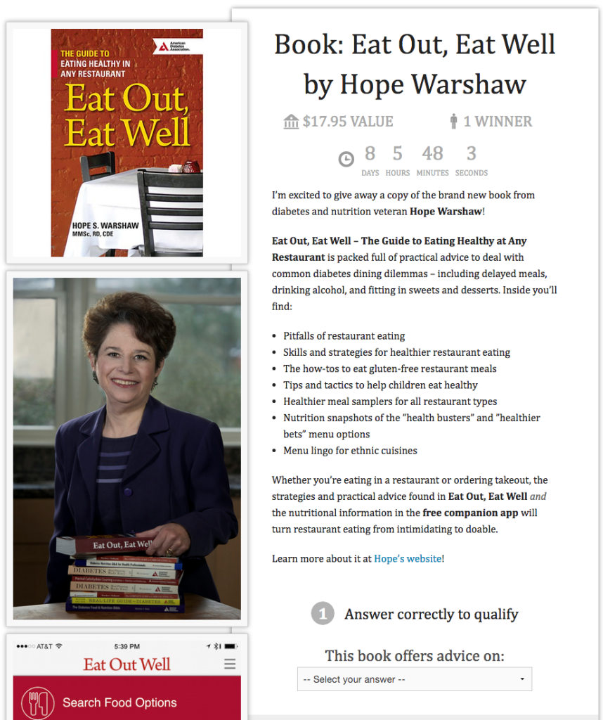 Screenshot of sweepstakes entry for Eat Out, Eat Well by Hope Warshaw