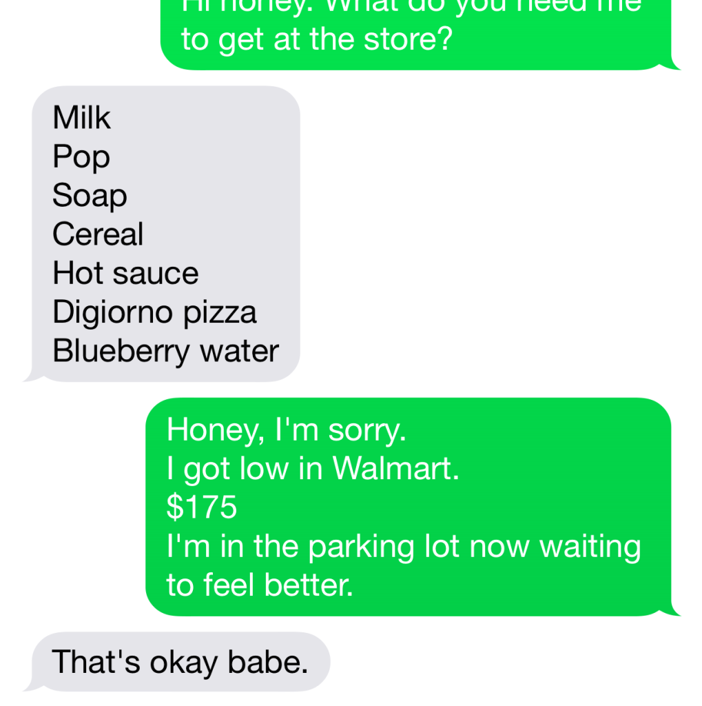Screenshot of a text message shopping list and my conversation
